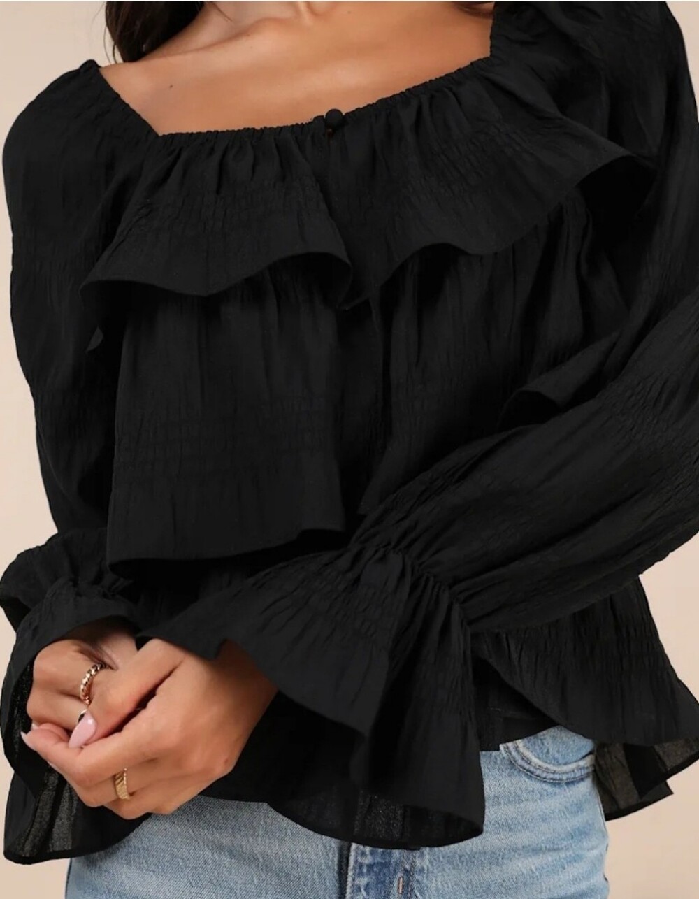 NWT -Lulus Black Tiered Ruffled Long Sleeve Top - Size L - Picture 2 of 6